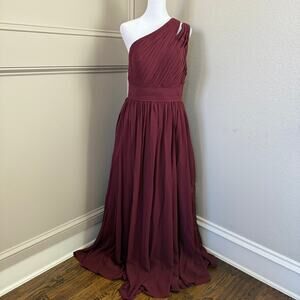 Azazie Molly One Shoulder Pleated in Cabernet Pockets A-Line Chiffon Sz (US10)